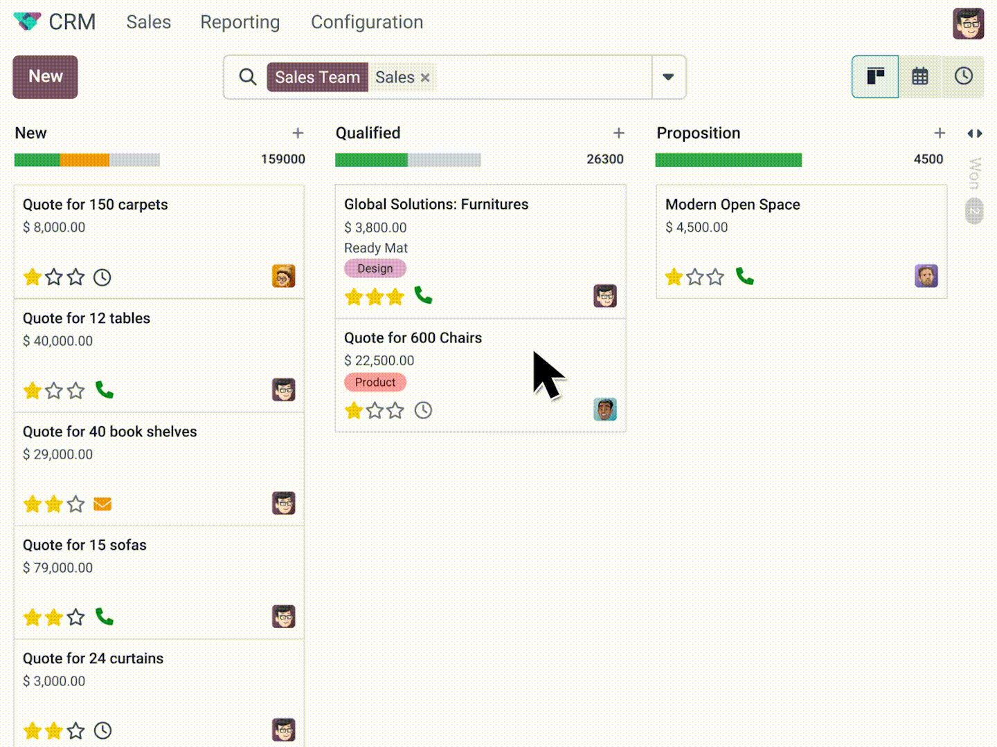 Pipeline commercial Odoo CRM affiché en vue kanban